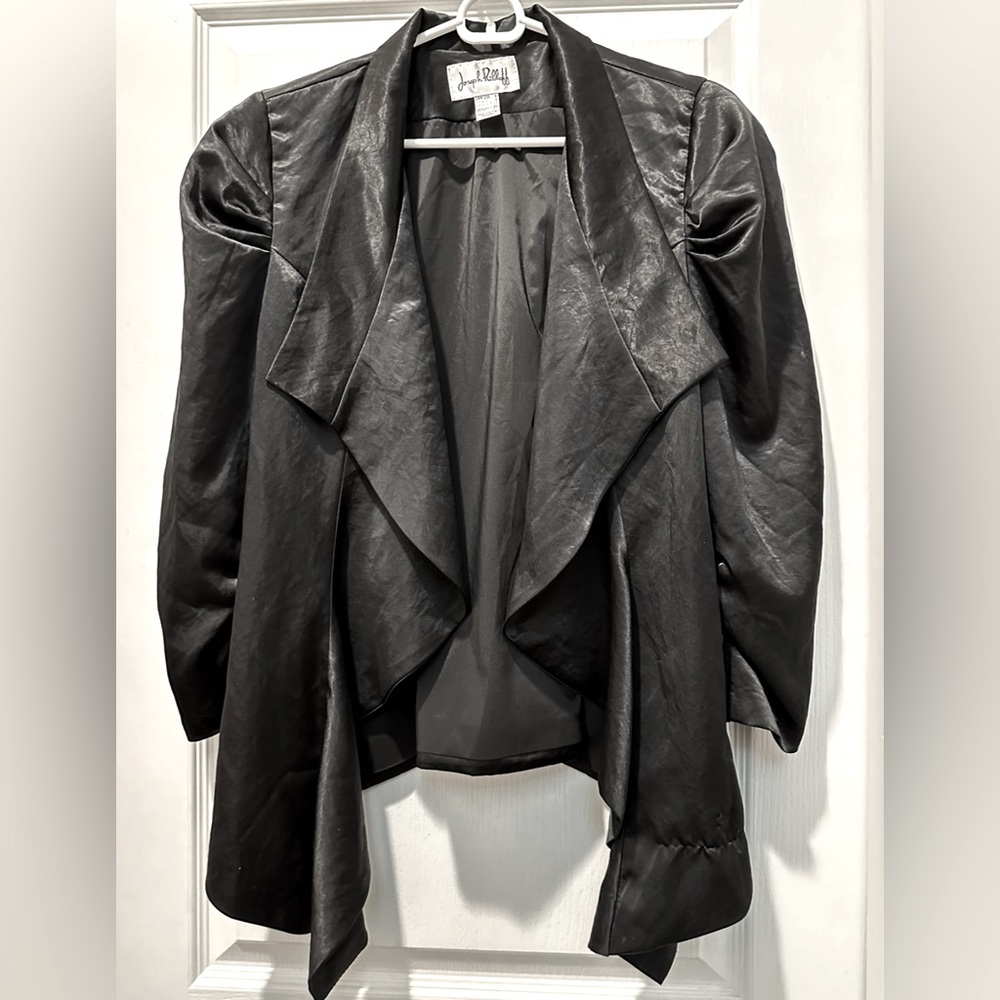 Joseph Ribkoff 3/4 Ruched Sleeve Draping Asymmetrical Cover Up in Black Satin